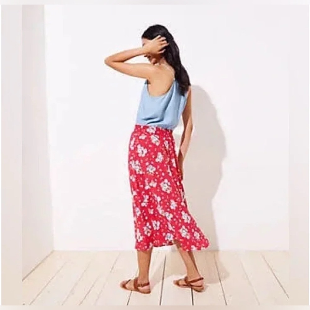 LOFT Red Floral Midi Skirt - Picture 2 of 13